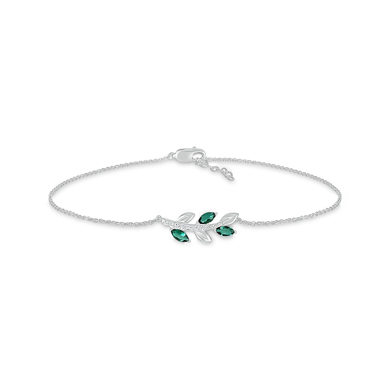 Main Image 2 of Marquise Lab-Created Emerald and White Lab-Created Sapphire Sideways Leafy Branch Anklet in Sterling Silver – 10"