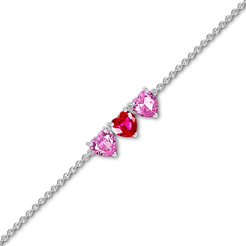 Main Image 1 of 5.0mm Heart-Shaped Lab-Created Ruby and Pink Lab-Created Sapphire Three Stone Anklet in Sterling Silver – 10"