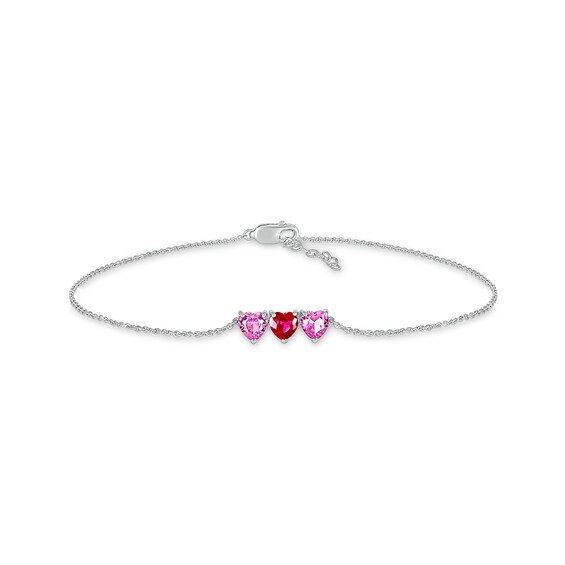 5.0mm Heart-Shaped Lab-Created Ruby and Pink Lab-Created Sapphire Three Stone Anklet in Sterling Silver – 10"