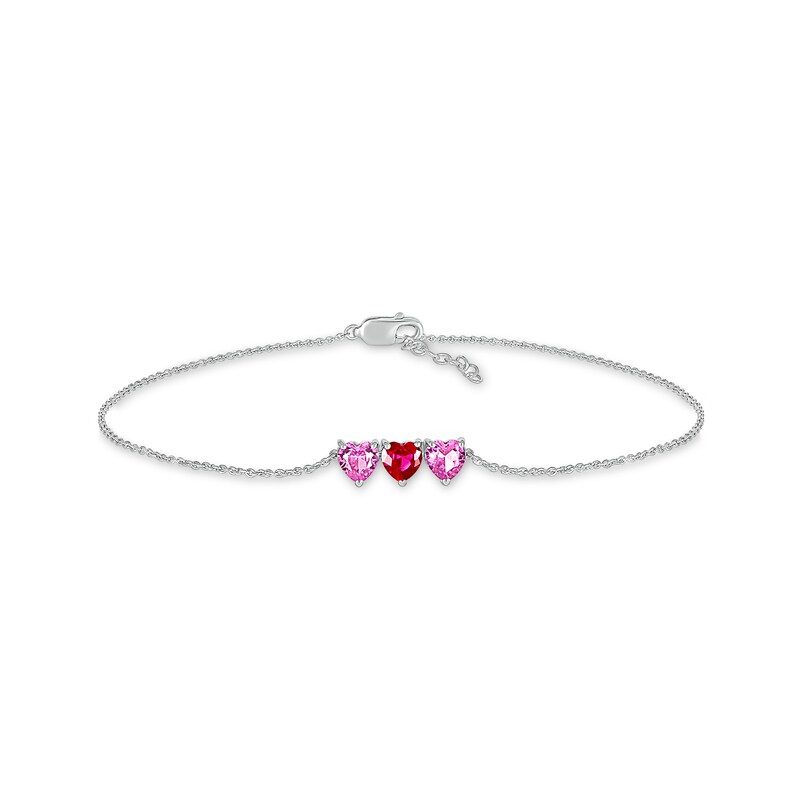 Main Image 2 of 5.0mm Heart-Shaped Lab-Created Ruby and Pink Lab-Created Sapphire Three Stone Anklet in Sterling Silver – 10"