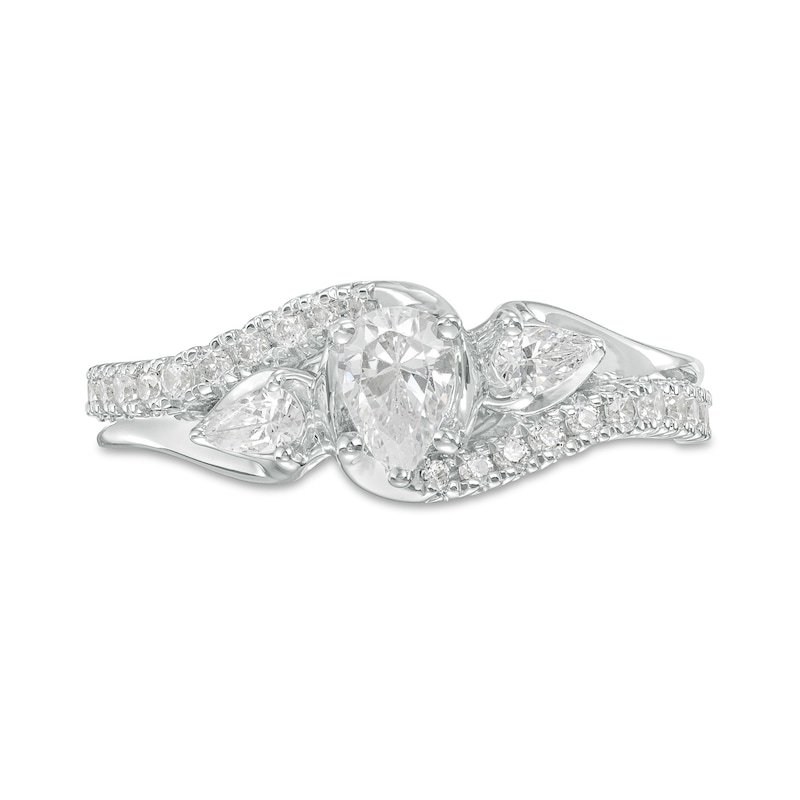 0.75 CT. T.W. Pear-Shaped Diamond Past Present Future® Bypass Split Shank Engagement Ring in 14K White Gold (I/I2)