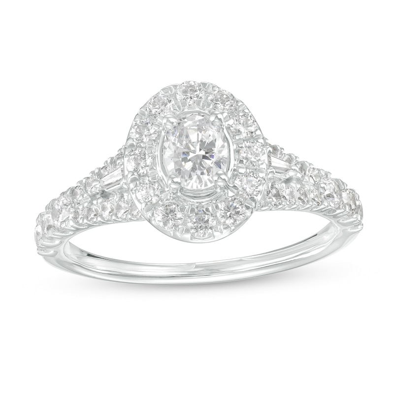 Main Image 1 of 1.00 CT. T.W. Oval Diamond Frame Split Shank Engagement Ring in 14K White Gold (I/I2)