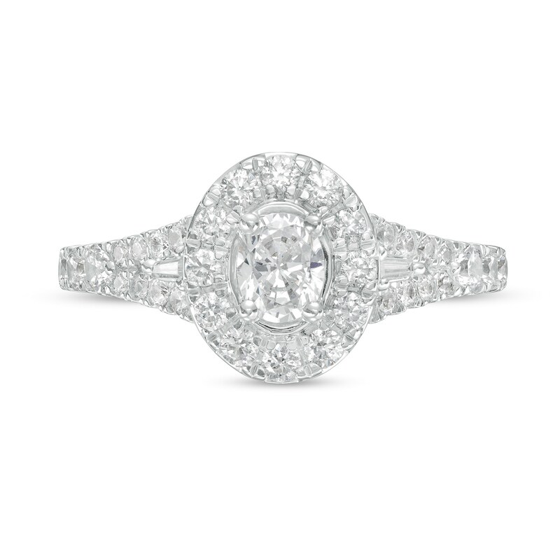 Main Image 4 of 1.00 CT. T.W. Oval Diamond Frame Split Shank Engagement Ring in 14K White Gold (I/I2)