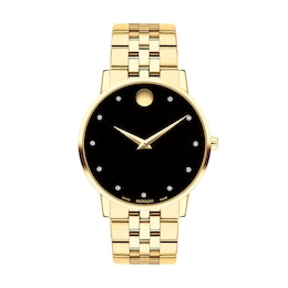Men's Movado Museum® Classic 0.04 CT. T.W. Diamond Gold-Tone PVD Watch with Black Dial (Model: 0607625)