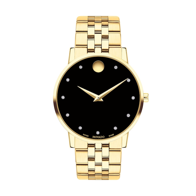 Men's Movado Museum® Classic 0.04 CT. T.W. Diamond Gold-Tone PVD Watch with Black Dial (Model: 0607625)|Peoples Jewellers