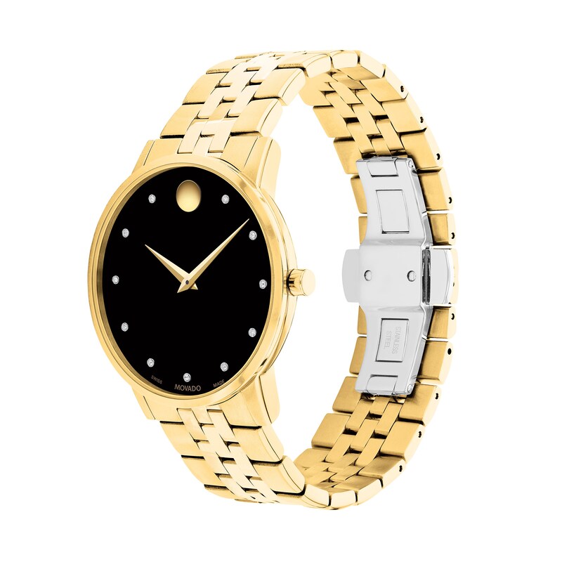 Men's Movado Museum® Classic 0.04 CT. T.W. Diamond Gold-Tone PVD Watch with Black Dial (Model: 0607625)|Peoples Jewellers