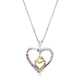Pink and White Lab-Created Sapphire Motherly Love Heart Pendant in Sterling Silver and 14K Gold Plate