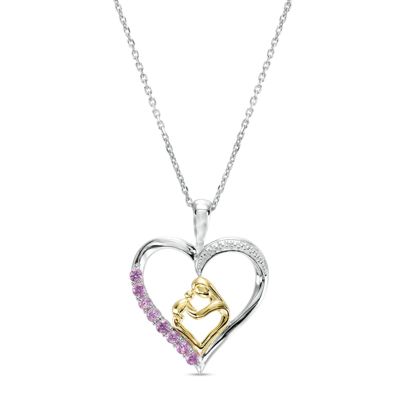 Pink and White Lab-Created Sapphire Motherly Love Heart Pendant in Sterling Silver and 14K Gold Plate