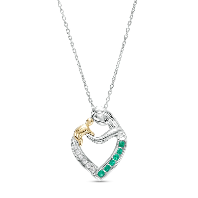 Lab-Created Emerald and White Lab-Created Sapphire Motherly Love Heart Pendant in Sterling Silver and 14K Gold|Peoples Jewellers