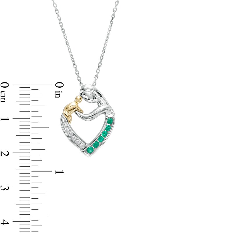 Lab-Created Emerald and White Lab-Created Sapphire Motherly Love Heart Pendant in Sterling Silver and 14K Gold