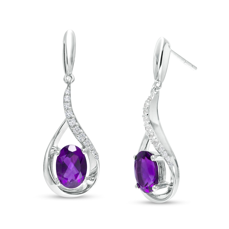 Oval Amethyst and White Lab-Created Sapphire Curved Teardrop Drop Earrings in Sterling Silver|Peoples Jewellers