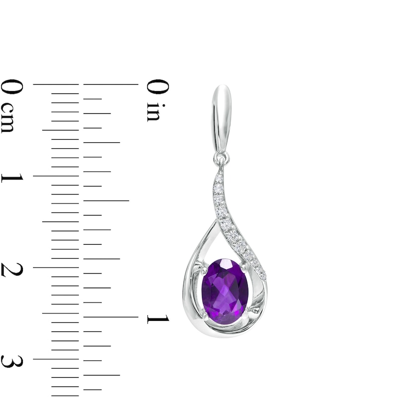 Main Image 2 of Oval Amethyst and White Lab-Created Sapphire Curved Teardrop Drop Earrings in Sterling Silver