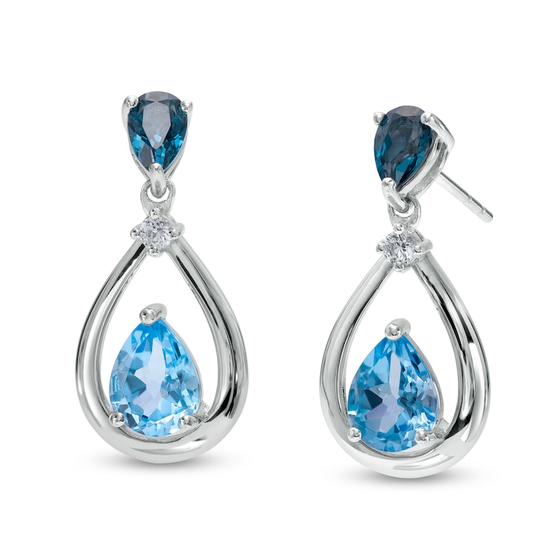 Main Image 1 of Pear-Shaped Swiss and London Blue Topaz with White Lab-Created Sapphire Drop Earrings in Sterling Silver