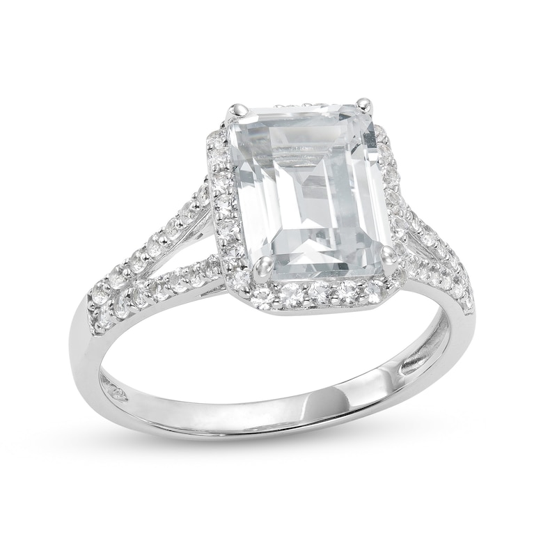 Emerald-Cut White Lab-Created Sapphire Frame Split Shank Ring in Sterling Silver – Size 7