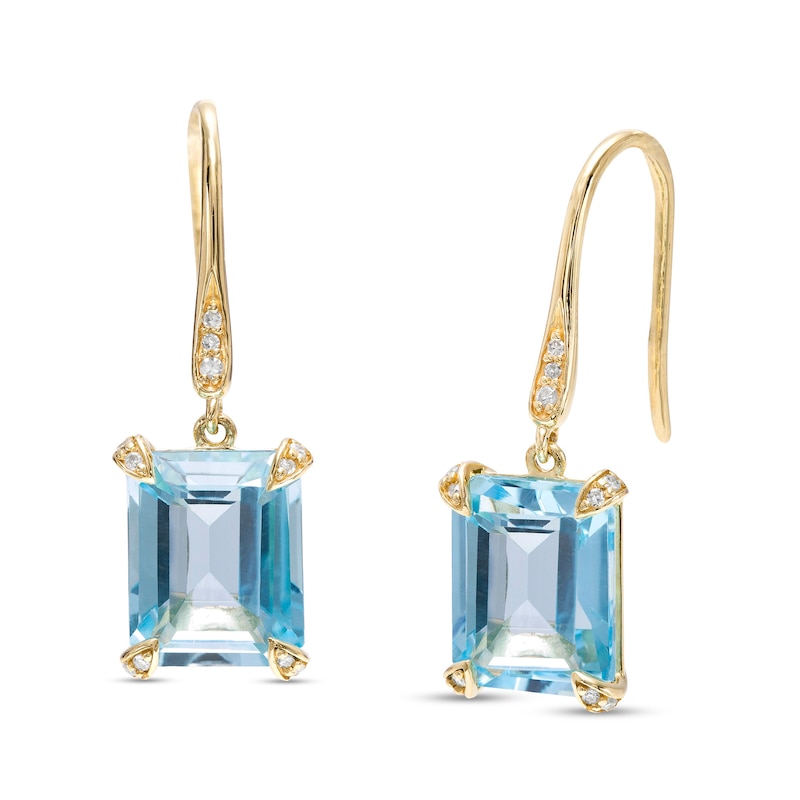 Main Image 1 of Emerald-Cut Sky Blue Topaz and 0.065 CT. T.W. Diamond Drop Earrings in 10K Gold