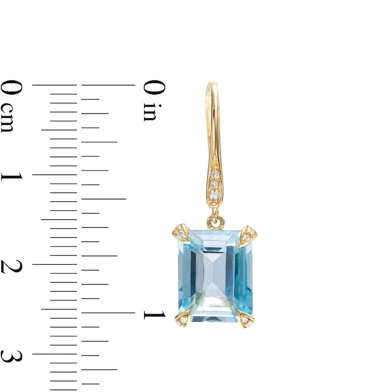 Main Image 2 of Emerald-Cut Sky Blue Topaz and 0.065 CT. T.W. Diamond Drop Earrings in 10K Gold