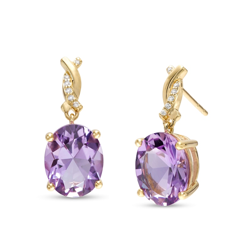 Main Image 1 of Oval Amethyst and 0.04 CT. T.W. Diamond Twist Drop Earrings in 10K Gold
