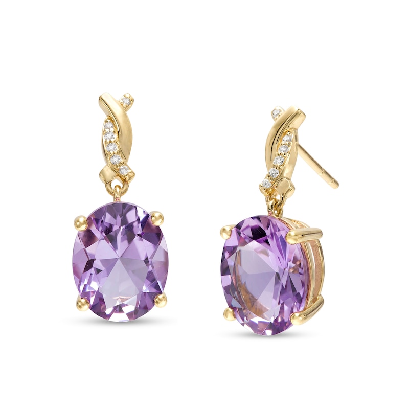 Oval Amethyst and 0.04 CT. T.W. Diamond Twist Drop Earrings in 10K Gold|Peoples Jewellers