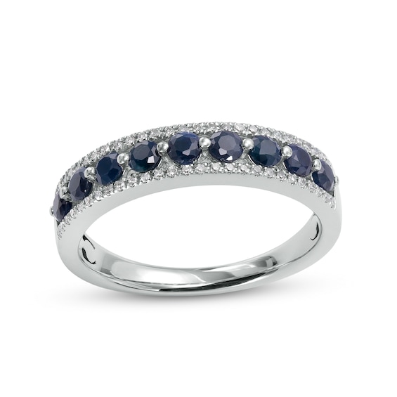 Blue Sapphire and 0.086 CT. T.W. Diamond Triple Row Nine Stone Band in 10K White Gold - Size 7
