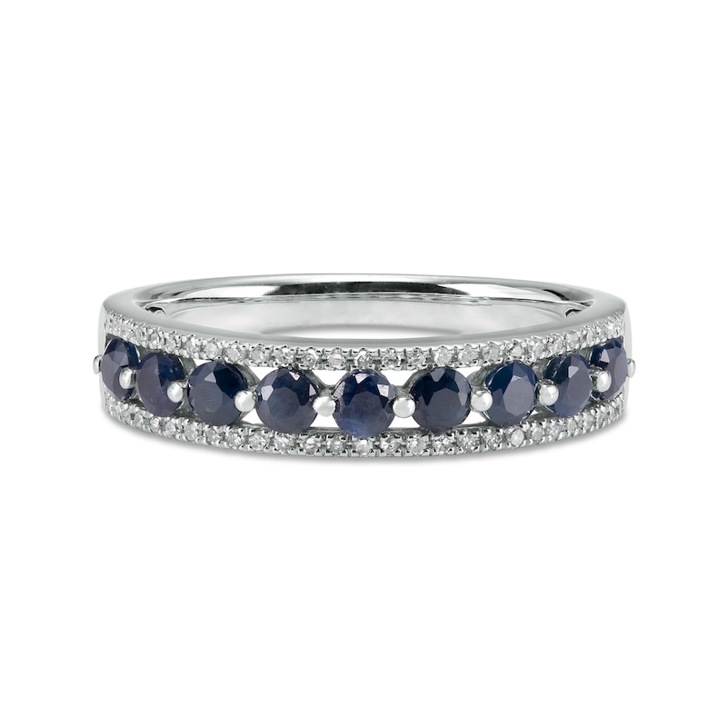 Blue Sapphire and 0.086 CT. T.W. Diamond Triple Row Nine Stone Band in 10K White Gold - Size 7