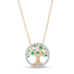 Lab-Created Emerald and White Lab-Created Sapphire Frame Tree of Life Pendant in 10K Gold