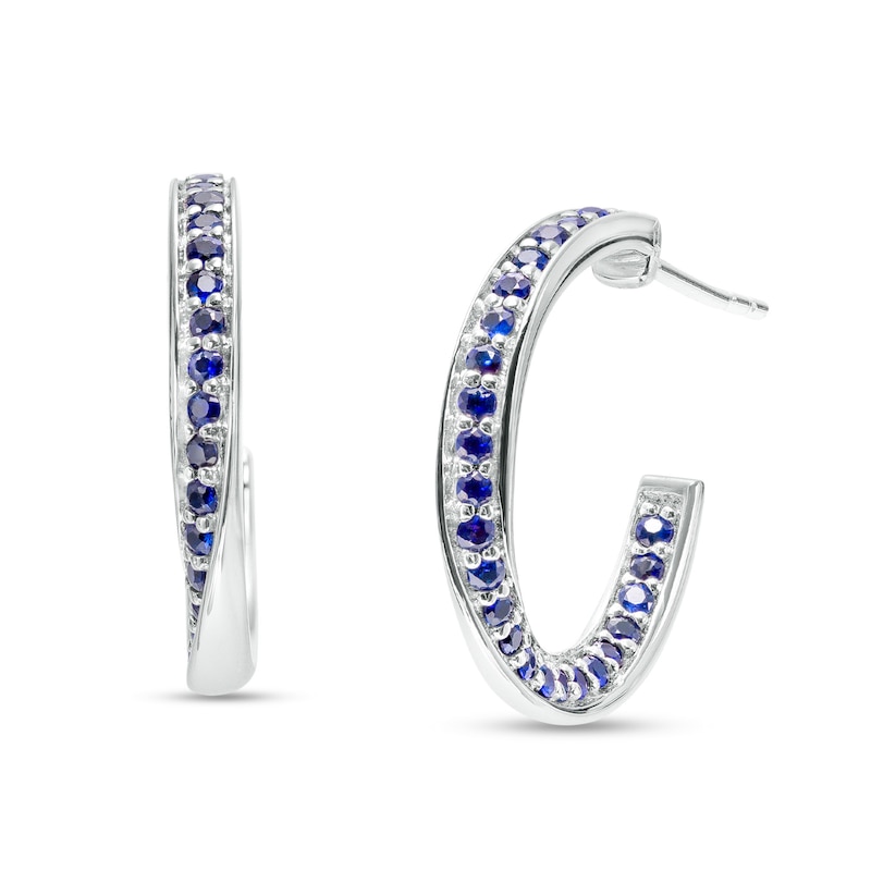 Blue Sapphire Twist Hoop Earrings in 10K White Gold|Peoples Jewellers