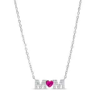 4.0mm Heart-Shaped Lab-Created Ruby and White Lab-Created Sapphire "MOM" Necklace in 10K White Gold