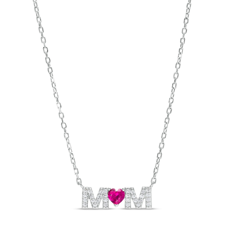 4.0mm Heart-Shaped Lab-Created Ruby and White Lab-Created Sapphire "MOM" Necklace in 10K White Gold