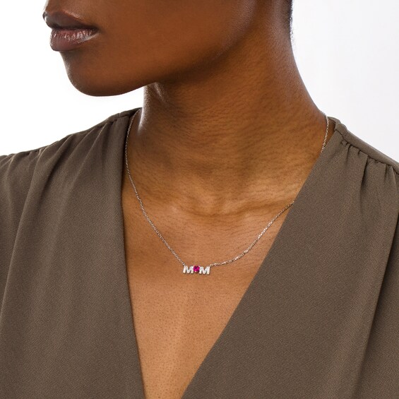 4.0mm Heart-Shaped Lab-Created Ruby and White Lab-Created Sapphire "MOM" Necklace in 10K White Gold