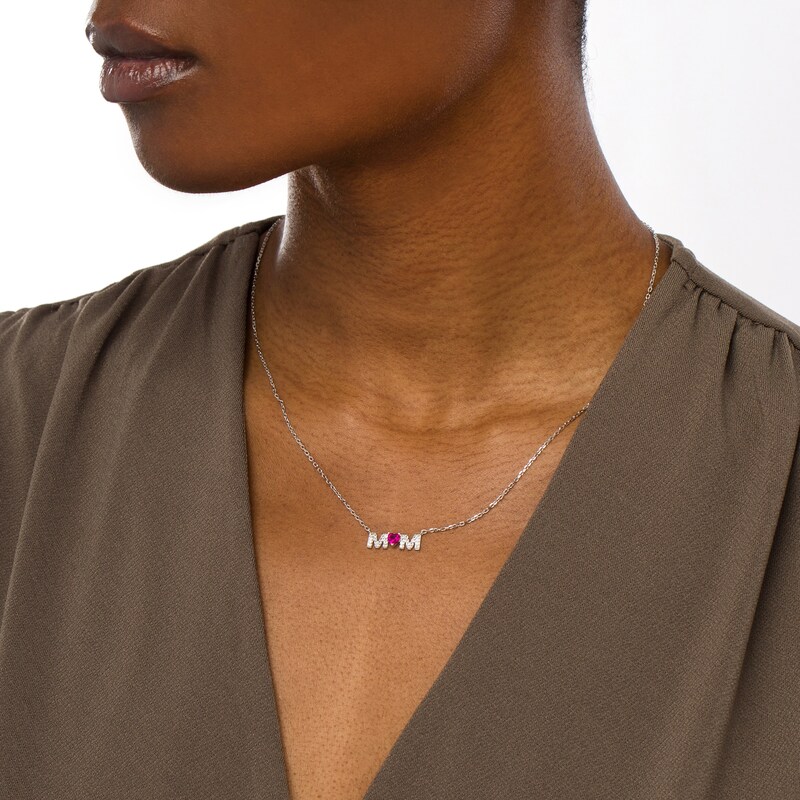 4.0mm Heart-Shaped Lab-Created Ruby and White Lab-Created Sapphire "MOM" Necklace in 10K White Gold