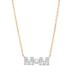 3.5-4.0mm Button Cultured Freshwater Pearl and White Lab-Created Sapphire &quot;MOM&quot; Necklace in 10K Gold