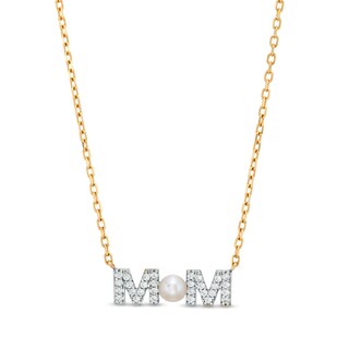 3.5-4.0mm Button Freshwater Cultured Pearl and White Lab-Created Sapphire "MOM" Necklace in 10K Gold