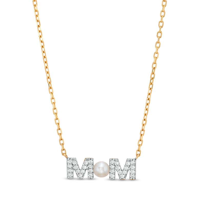 3.5-4.0mm Button Cultured Freshwater Pearl and White Lab-Created Sapphire "MOM" Necklace in 10K Gold