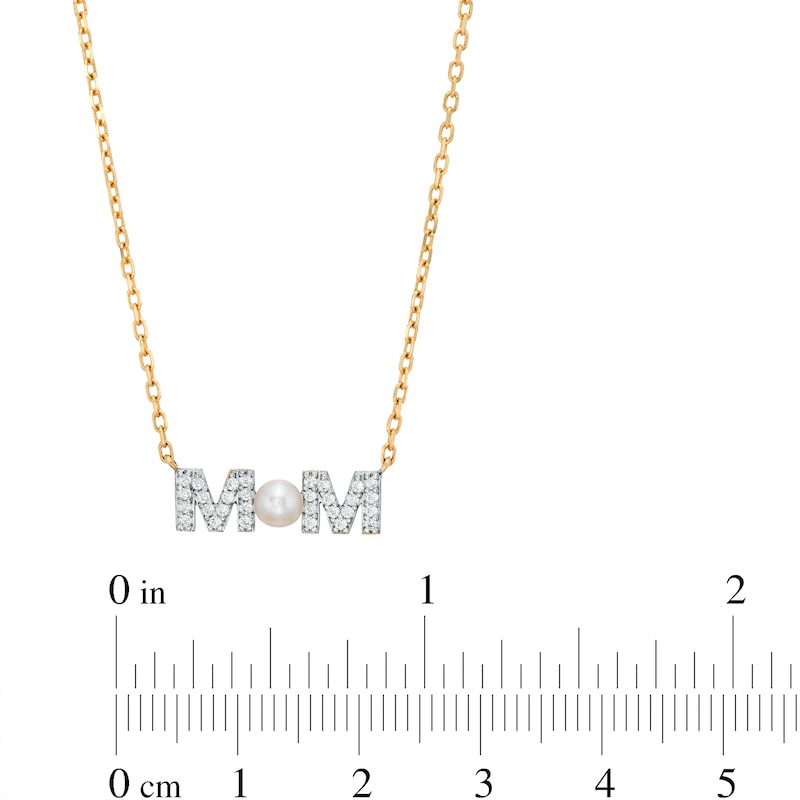 3.5-4.0mm Button Cultured Freshwater Pearl and White Lab-Created Sapphire "MOM" Necklace in 10K Gold