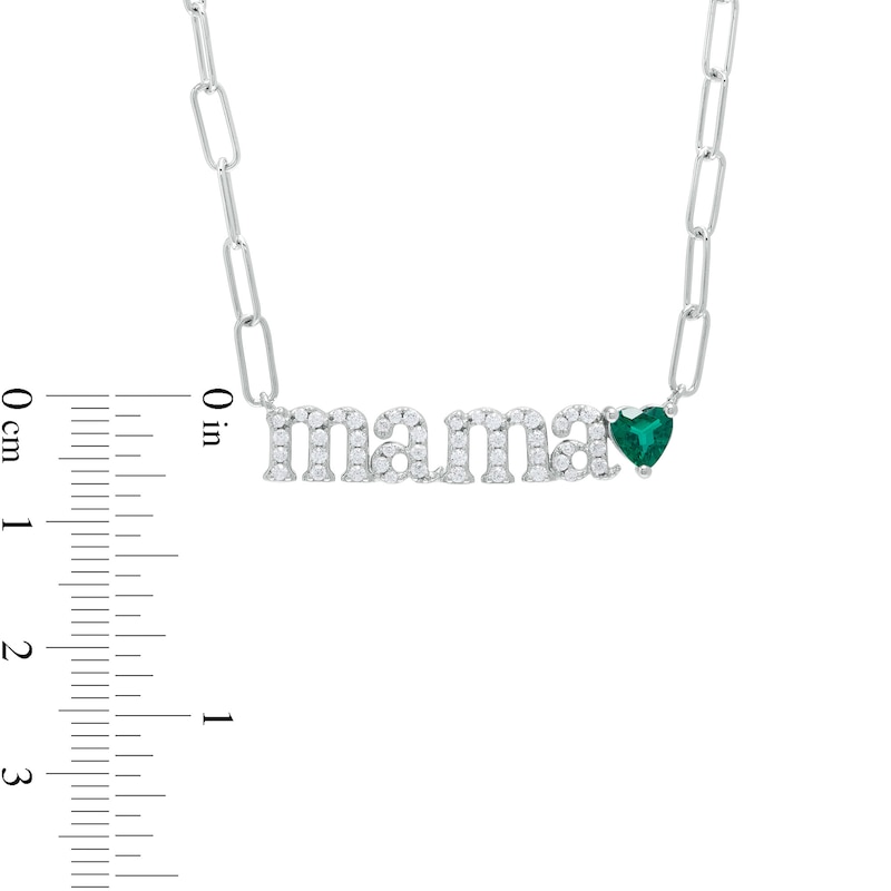 5.0mm Heart-Shaped Lab-Created Emerald and White Lab-Created Sapphire "mama" Necklace in Sterling Silver