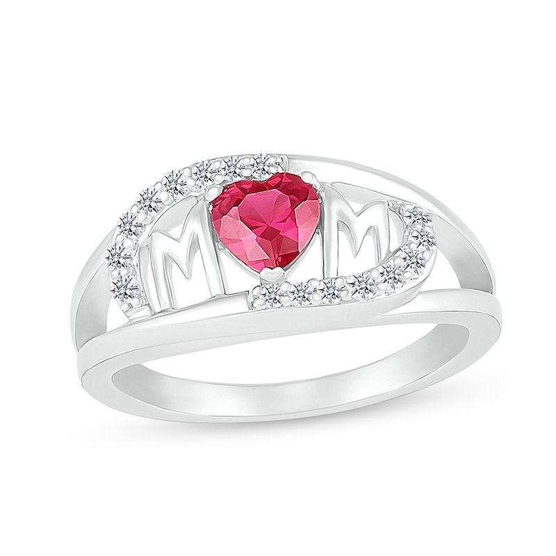 5.0mm Heart-Shaped Lab-Created Ruby and White Lab-Created Sapphire Bypass "MOM" Ring in Sterling Silver