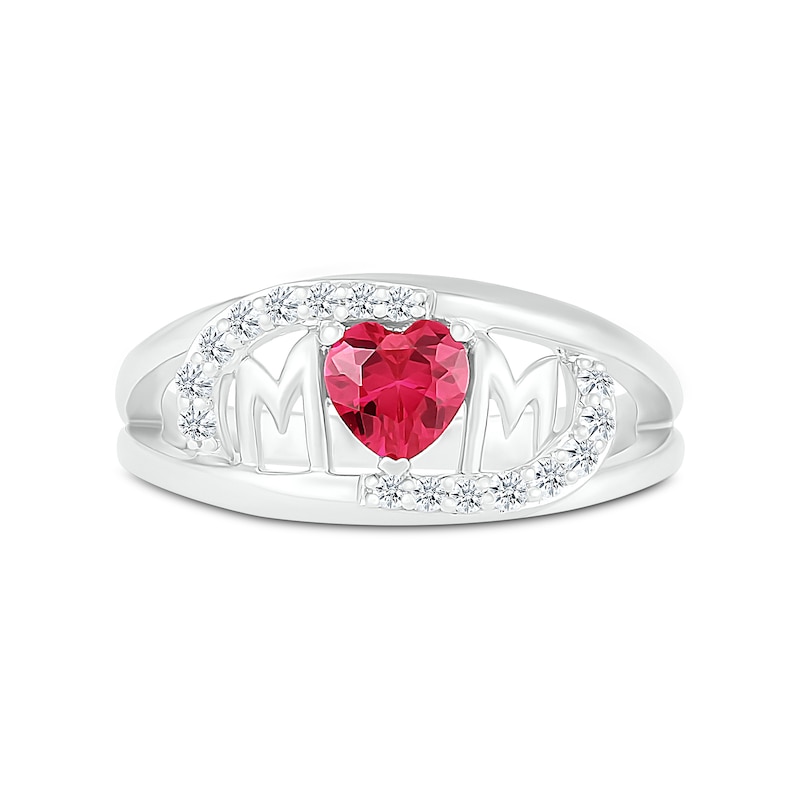 5.0mm Heart-Shaped Lab-Created Ruby and White Lab-Created Sapphire Bypass "MOM" Ring in Sterling Silver|Peoples Jewellers