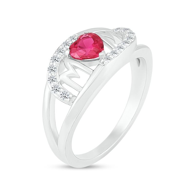 5.0mm Heart-Shaped Lab-Created Ruby and White Lab-Created Sapphire Bypass "MOM" Ring in Sterling Silver