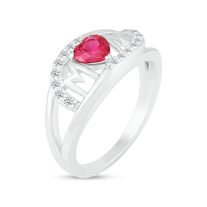 5.0mm Heart-Shaped Lab-Created Ruby and White Lab-Created Sapphire Bypass "MOM" Ring in Sterling Silver|Peoples Jewellers