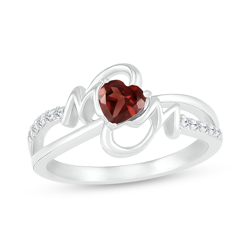 5.0mm Heart-Shaped Garnet and White Lab-Created Sapphire "MOM" Split Shank Ring in Sterling Silver|Peoples Jewellers