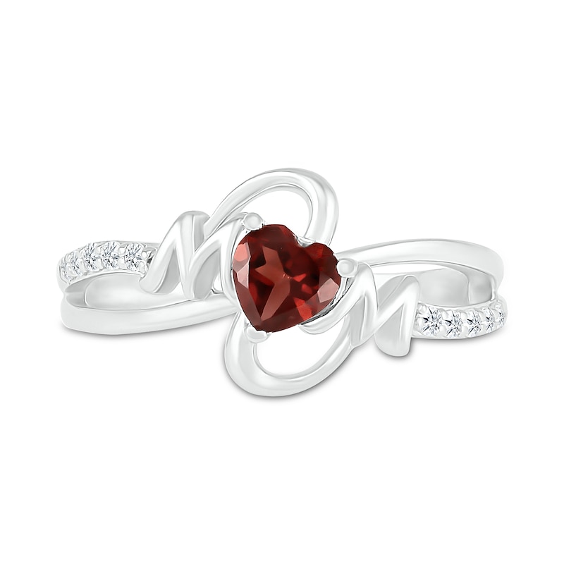 5.0mm Heart-Shaped Garnet and White Lab-Created Sapphire "MOM" Split Shank Ring in Sterling Silver