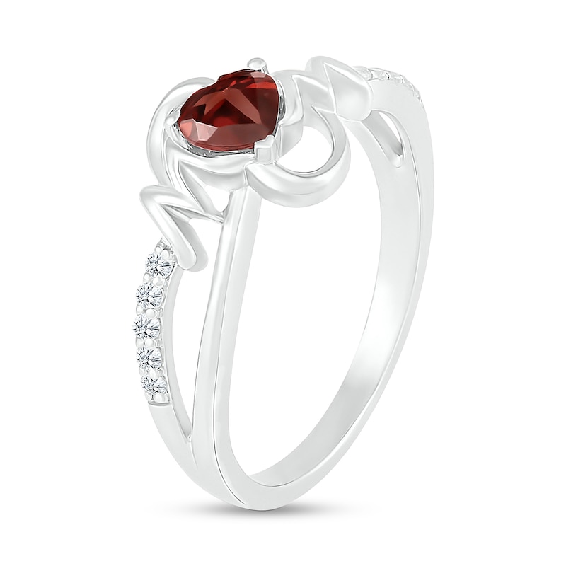 5.0mm Heart-Shaped Garnet and White Lab-Created Sapphire "MOM" Split Shank Ring in Sterling Silver