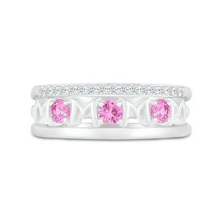 3.0mm Pink and White Lab-Created Sapphire Alternating "MOM" Triple Row Band in Sterling Silver