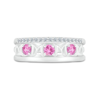 3.0mm Pink and White Lab-Created Sapphire Alternating "MOM" Triple Row Band in Sterling Silver