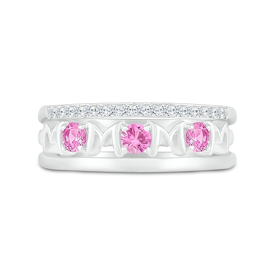 3.0mm Pink and White Lab-Created Sapphire Alternating "MOM" Triple Row Band in Sterling Silver