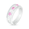 3.0mm Pink and White Lab-Created Sapphire Alternating "MOM" Triple Row Band in Sterling Silver