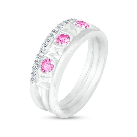 3.0mm Pink and White Lab-Created Sapphire Alternating "MOM" Triple Row Band in Sterling Silver