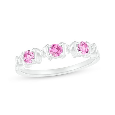 3.0mm Pink and White Lab-Created Sapphire Alternating "MOM" Triple Row Band in Sterling Silver