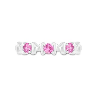 3.0mm Pink and White Lab-Created Sapphire Alternating "MOM" Triple Row Band in Sterling Silver