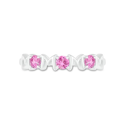 3.0mm Pink and White Lab-Created Sapphire Alternating "MOM" Triple Row Band in Sterling Silver